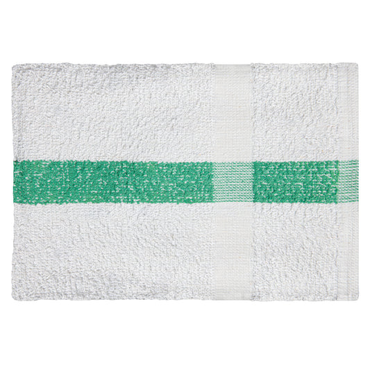 Terry Towel, 22x44 inch, No Cam, 10 Single Pile, Hemmed, White with Green Center Stripe
