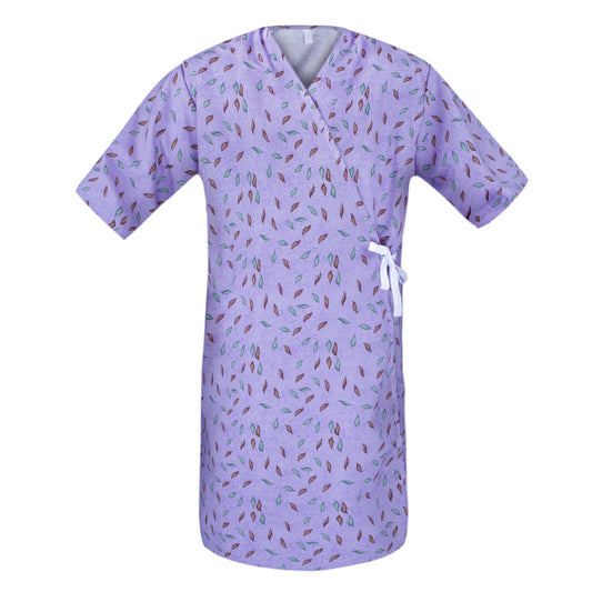 Patient Gown 45 x 70 Open Front, Waist Tie, Leaf Print, Purple
