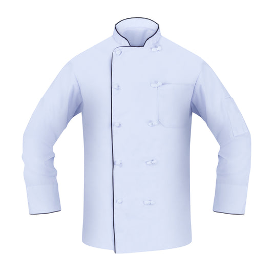 Chef Coat with Black Piping on Collar and Sleeve Edges, 2 Pockets, Open Cuff, Knot Buttons, 100% Spun Polyester, White