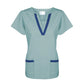 Women’s Scrub Top (2 Lower Pockets) V-Neck Tunic, Misty Green w/ Navy Blue Trim