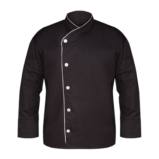 Executive Chef Coat, 1 Pocket, 65% Polyester/35% Cotton, Open Cuff with White Piping, White Piping on Collar, Pearl Buttons, Black with White Piping