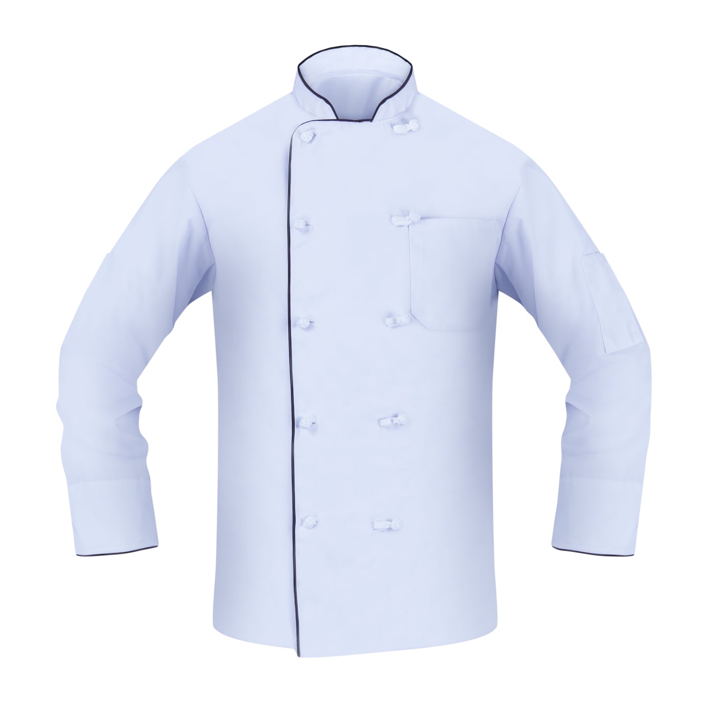 Chef Coat w/ Black Piping, 2 Pockets (1 Chest, 1 Thermo) Twill Weave, Open Cuff, Knot Button