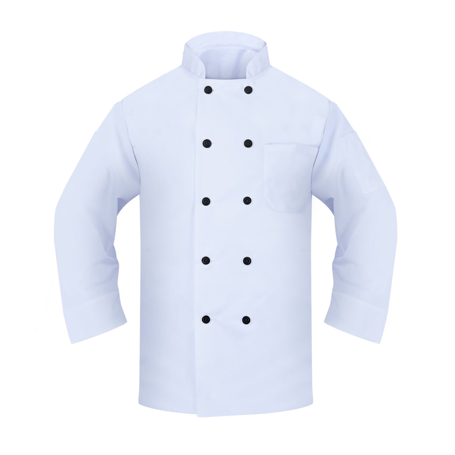 Chef Coat, Open Cuff, 1 Chest Pocket, 1 Thermometer Pocket, Black Buttons, 100% Spun Polyester, White,