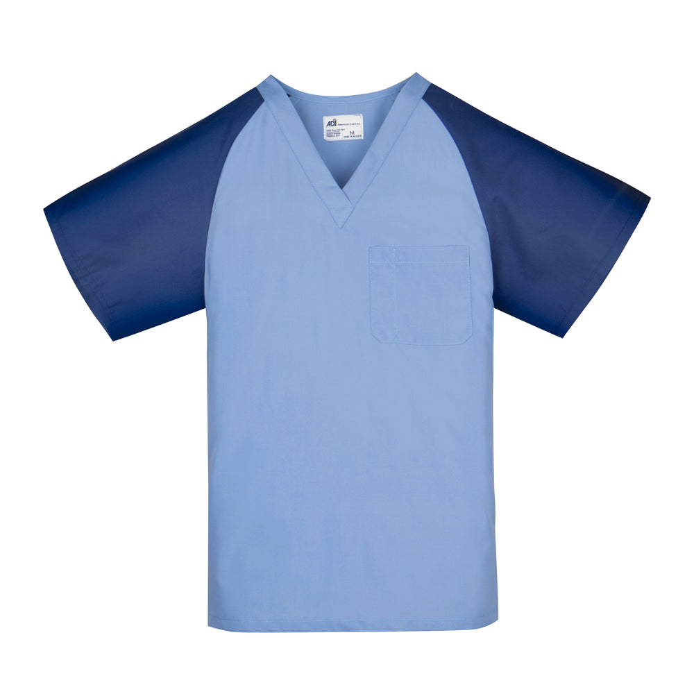 Unisex Scrub Top (1 Chest Pocket) Ceil Blue w/ Navy Blue Raglan Sleeves