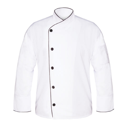 Executive Chef Coat, 1 Pocket, 65% Polyester/35% Cotton, Open Cuff with Black Piping, Black Piping on Collar, Black Buttons, White with Black Piping