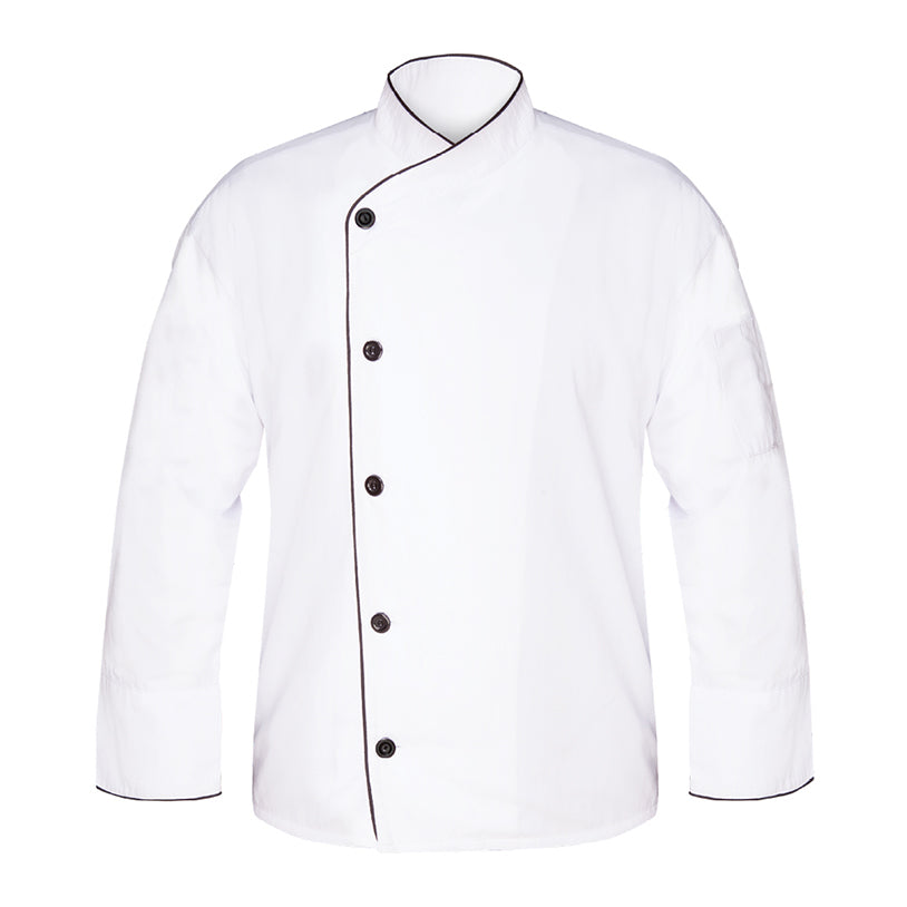 Executive Chef Coat w/ Piping, 1 Thermo Pocket, Twill Weave, Open Cuff, Pearl Buttons