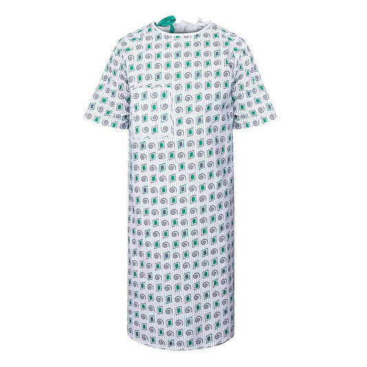 IV Gown 48 x 68 Angle Back, 3 Tie Overlap, Twirled Up Print, Gray/Green