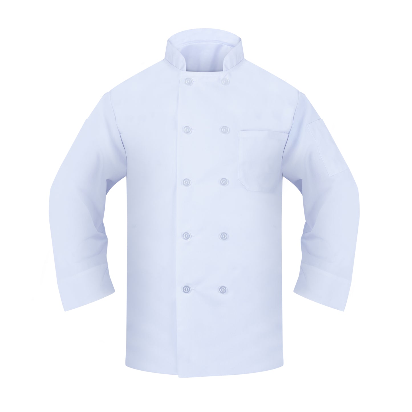 Chef Coat, Long Sleeves, 2 Pockets, Open Cuff, Pearl Buttons, 100% Spun Polyester, White