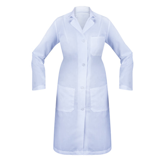 Female Lab Coat, 3 Pockets (1 Chest, 2 Lower) Open Cuff, Button Closure