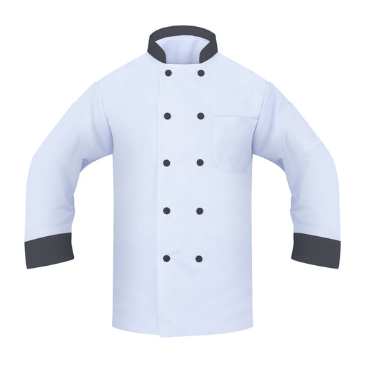 Chef Coat, 2 Pockets, 100% Spun Polyester, Open Cuff with Black Trim, Black Collar, Black Buttons, White with Black Accents