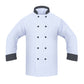 Chef Coat, 2 Pockets, 100% Spun Polyester, Open Cuff with Black Trim, Black Collar, Black Buttons, White with Black Accents