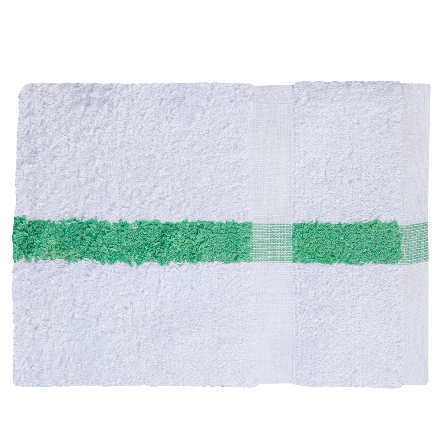 Terry Towel, 20x40 inch, No Cam, 10 Single Pile, Hemmed, White with Green Center Stripe