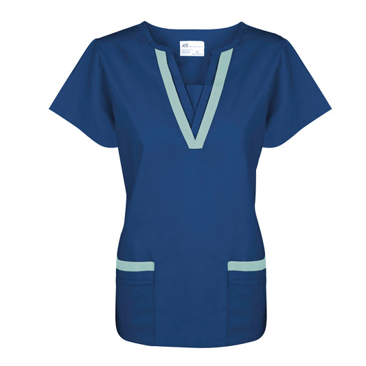 Women’s Scrub Top (2 Lower Pockets) V-Neck Tunic, Navy Blue w/ Misty Green Trim