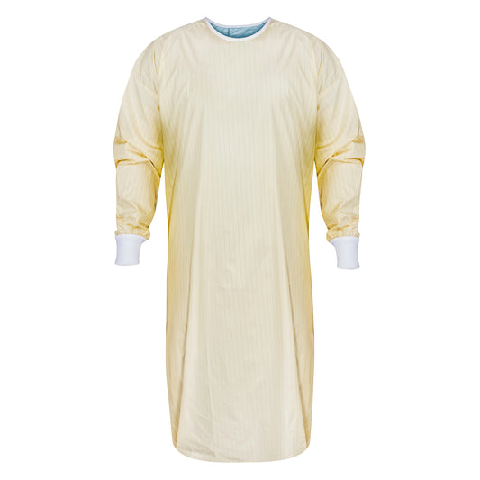 Protective Gown, Set in Sleeve, Knit Cuffs, Yellow w/ Blue Back, 75 Check Grid, Open Back