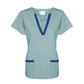 Women’s Scrub Top (2 Lower Pockets) V-Neck Tunic, Misty Green w/ Navy Blue Trim