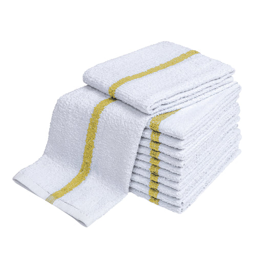 Bar Mop Towel, 16x19 inch, White with Gold Center Stripe