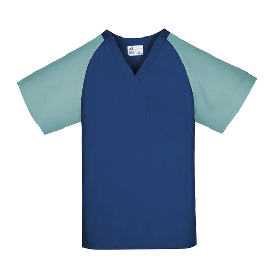 Unisex Scrub Top (1 Chest Pocket) Navy Blue w/ Misty Green Raglan Sleeves