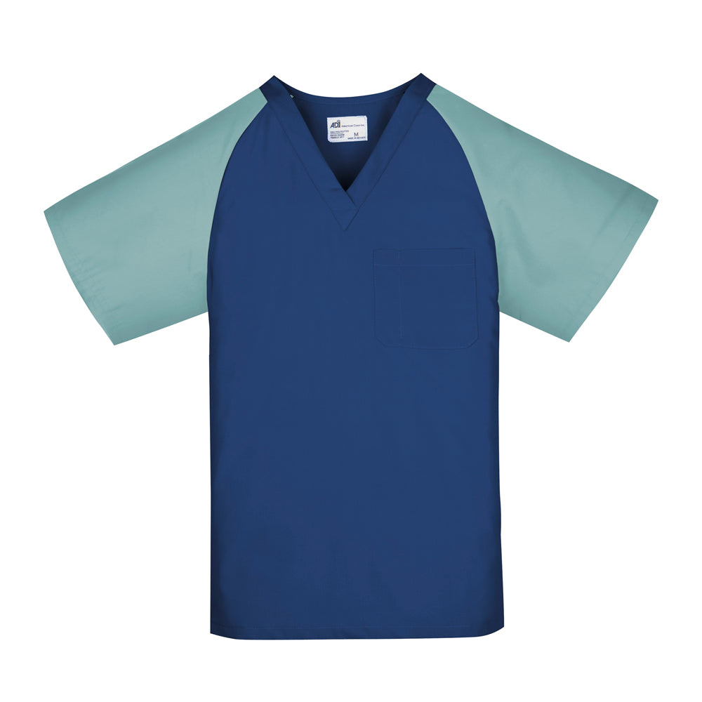 Unisex Scrub Top (1 Chest Pocket) Navy Blue w/ Misty Green Raglan Sleeves