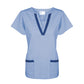 Women’s Scrub Top (2 Lower Pockets) V-Neck Tunic, Navy Blue w/ Ceil Blue Trim