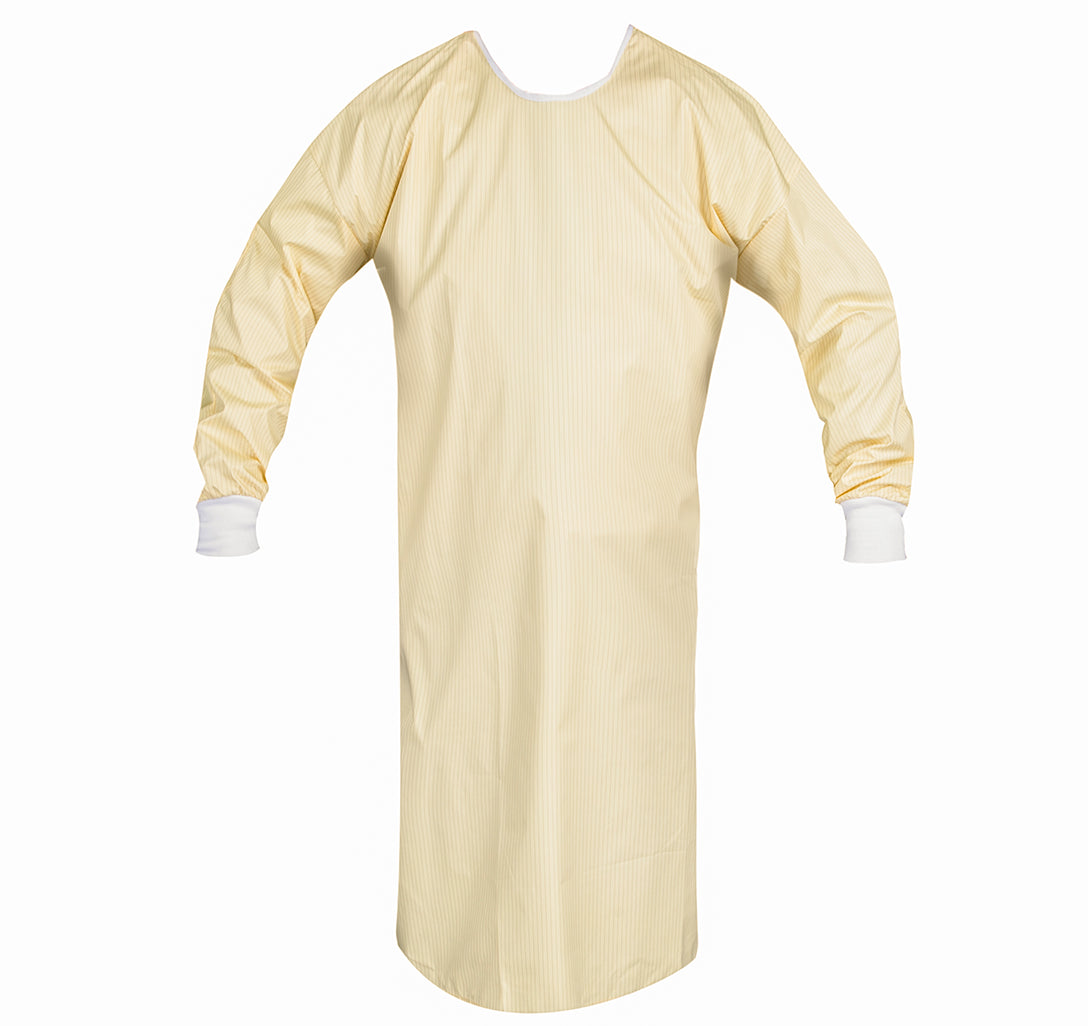 Protective Gown, Raglan Sleeve, Knit Cuffs,Yellow w/ Carbon, 75 Check Grid, Open Back