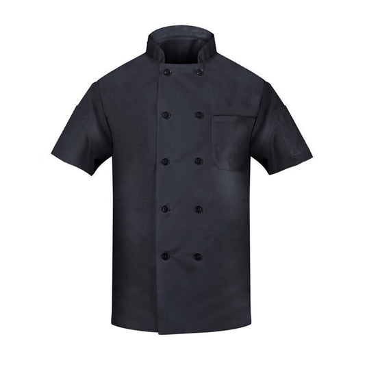 Chef Coat, Short Sleeves, 2 Pockets, Open Cuff, Pearl Buttons, 100% Polyester, Black