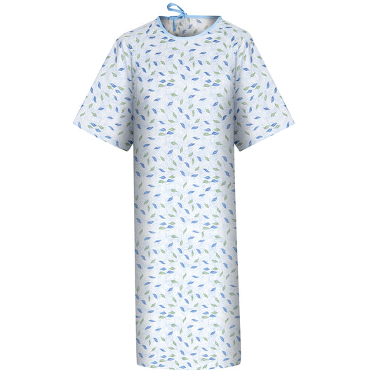 Patient Gown 49 x 66 Angle Back, 3 Tie Overlap, Leaf Print, Blue