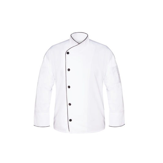 Executive Chef Coat, 1 Pocket, 65% Polyester/35% Cotton, Open Cuff with Black Piping, Black Piping on Collar, Black Buttons, White with Black Piping