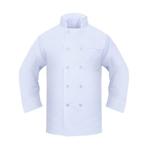 Chef Coat, Long Sleeves, 2 Pockets, Open Cuff, Pearl Buttons, 100% Spun Polyester, White